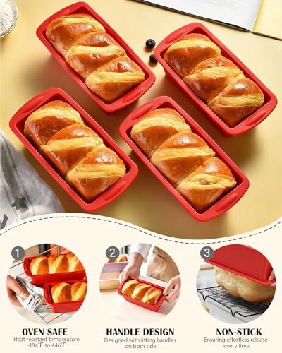 Silicone Bread Loaf Pan, Non-Stick Bread Pans for Baking,Flexible Silicone Baking Molds for Bread, Cake, Meatloaf (4PCS-Red) - color: 4PCS-Red