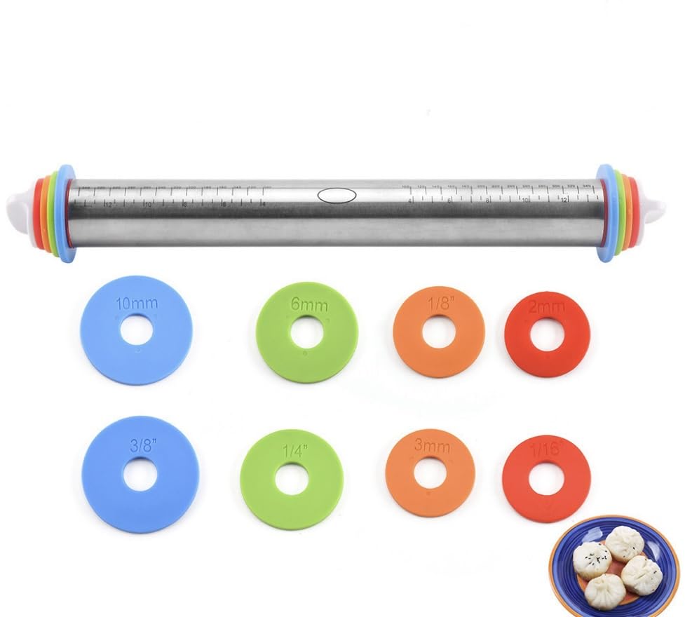 Rolling Pin and Silicone Baking Pastry Mat Set, Stainless Steel Dough Roller with Adjustable Thickness Rings, for Pizza, Pie, Pastries, Pasta, Cookies (Black) - color: Black