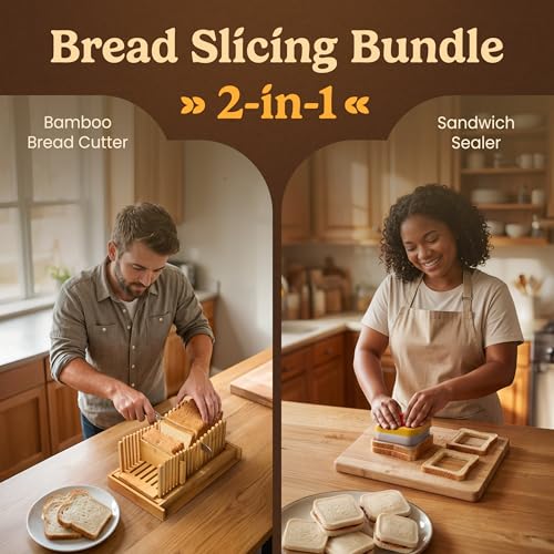 Bread Slicer Guide for Homemade Bread 2-In-1 Set: Sourdough Rounds Slicer, Sandwich Sealer | Bread Loaf Slicing, Adjustable Bamboo Bread Cutter With Knife & Magnetic slot - size: 2-in-1 Set (Basic Kit)