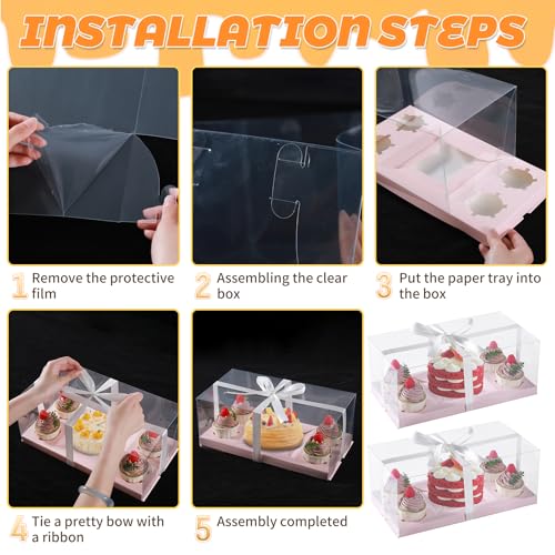 JCD 3Pcs Pink 1+4 Bento Box with Clear Window Bento Cake Boxes Combo Fit 4 Cupcake and 1 Mini Cake for Valentine Wedding Birthday Party Bakery Supplies(Pink 1+4/3Pcs) - size: Pink 1+4/3Pcs