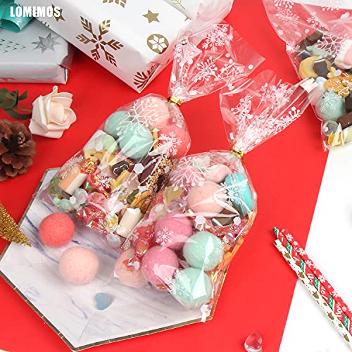 LOMIMOS 120pcs Christmas Cellophane Treat Bags,Clear Plastic Candy Cookie Packing Bags with Twist Ties for Winter Holiday New Year Xmas Party Supplies(Snowflakes) - size: 5x11 Inch (Pack of 120)