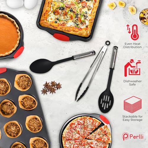 Non-Stick 17-Piece Baking Pan Set, BPA-Free Carbon Steel Bakeware Set with Silicone Handles, Stackable Kitchen Oven Set, Cookie Sheet, Baking Tray, Baking Sheet Set, Utensils, Oven Safe (446°F) - size: 17 Piece