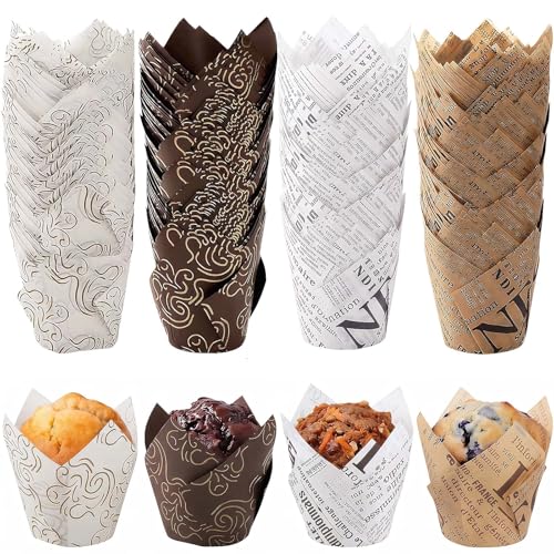 200 Pcs Newspaper Tulip Cupcake Liners for Baking, Newspaper and Stripe - color: Mix Color 2