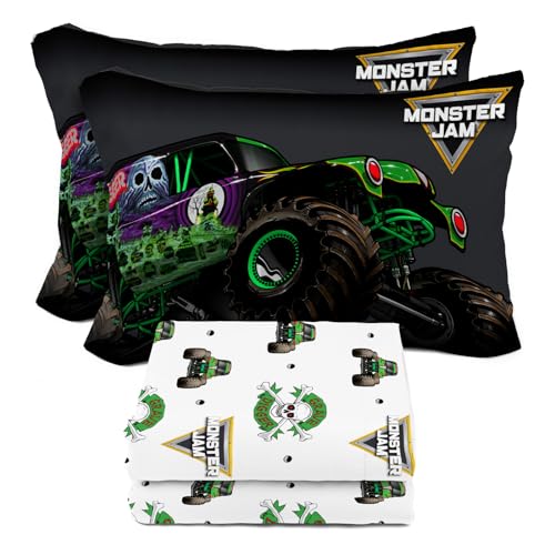 Sunny Side Up Monster Jam Grave Digger Full Sheet Set - 4 Piece Kids Bedding Set Includes Pillow Cover - Super Soft Microfiber Sheets - color: White - Monster Jam, size: 4 Piece Full