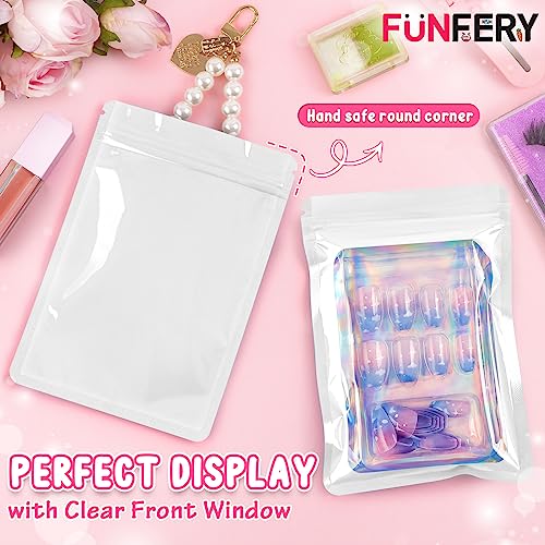 Funfery 100 Pack Resealable Bags Clear Holographic Bags,Smell Proof,White - color: White, size: 6.3x9.4 inch