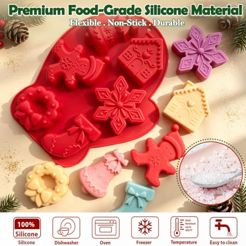 2 Pack Large Christmas Silicone Molds, Holiday Baking Molds for Chocolate Gingerbread Man House Bell Snowflake Wreath Stocking Silicone Mold for Candle Soap Mini Cake Jelly Ice Cube Xmas DIY Crafts - color: Red