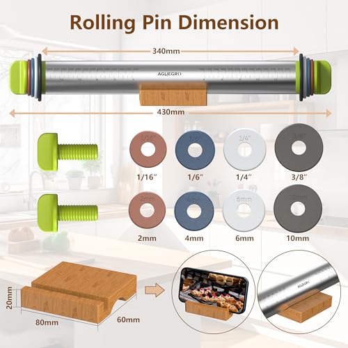 Stainless Steel Rolling Pin with 4 Thickness Rings Wooden Stand &Pastry Mat - color: Rolling Pin+Mat+Stand