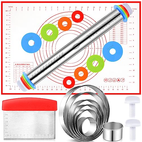 Dandat Rolling Pin Set with Adjustable Rings Baking Mat Cutters, Red - color: Red