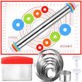 Dandat Rolling Pin Set with Adjustable Rings Baking Mat Cutters, Red - color: Red