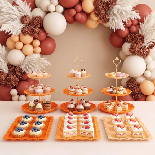FoldTier 6 Pack Cupcake Stand Set 3 Pcs 3 Tier Gradient Dessert Table Display Stands Cookie Tray Rack 3 X14 in Rectangle Party Trays for Wedding Birthday Tea Party Baby Shower(Orange,Round) - color: Orange, style: Round