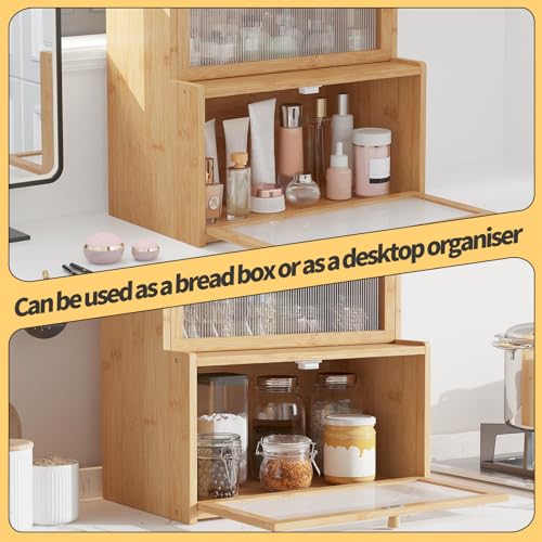 Double Layer Bamboo Bread Box for Kitchen Counter,Bread Holder,Countertop Bread Storage with Window (Natural) - color: Natural