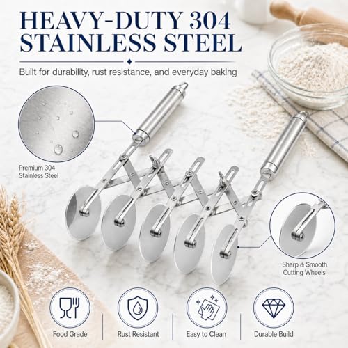 Wheel Adjustable Pasta Cutter with Handle - Stainless Steel Multi-Tool for Baking Pastry, Pizza, Noodles & Pie Crust (5 Roller) - color: 5 Roller
