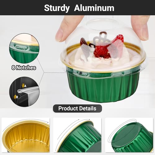 EUSOAR Cupcake Liners and Sporks Individually Wrapped, 120pcs 5oz Disposable Ramekins Aluminum Mini Muffin Pans with Lids, Foil Baking Cups Creme Brulee Holders for Picnic Wedding Birthday Gathering - color: Emerald/Gold