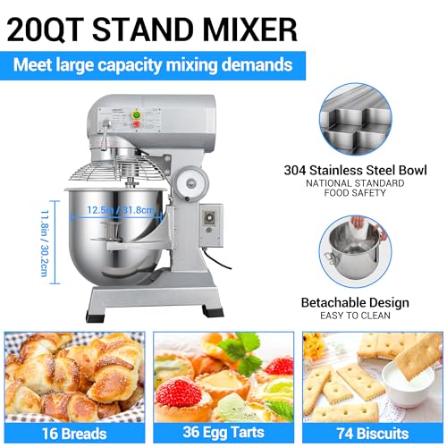LEEVOT 20Qt 1100W Commercial Food Mixer, Commercial mixer 3-Speed Adjustable Heavy Duty Stand Mixer with Stainless Steel Bowl for Bakery Pizzeria. - size: 20QT+Timer