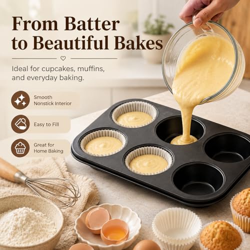 Premium Non-Stick Muffin Baking Pan,6-Cup cake Pan Set of 2(Black)