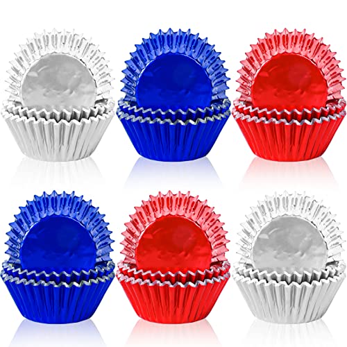 Whaline 150Pcs Patriotic Cupcake Liners 4th of July Baking Cups Red Blue Silver Foil Metallic Cupcake wrappers for 250th Anniversary Independence Day Memorial Day Party Decor - color: Red Blue Silver