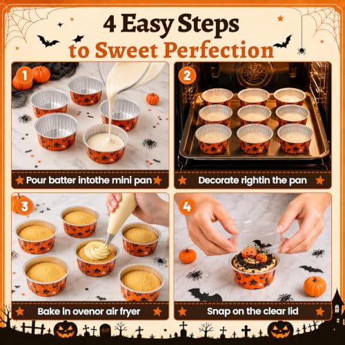 50 Pack Halloween Baking Supplies Mini Cake Pans with Lids and Spoons - color: Orange and Black
