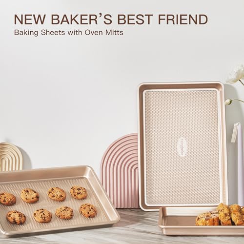 HONGBAKE Baking Sheet Pan Set of 3, Cookie Sheets for Oven, Nonstick Half/Quarter/Jelly Roll Pans with Diamond Texture Pattern, 0.8mm Thick Heavy Duty Cookie Tray, Champagne Gold - color: Champagne Gold (Carbon Steel)