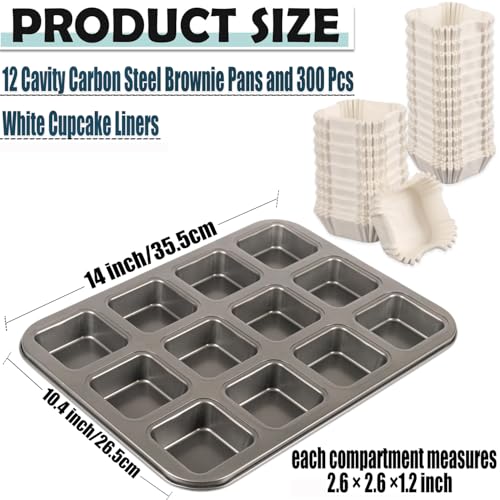 12 Cavity Brownie Pan with Dividers, Non Stick Square Carbon Steel Muffin Baking Bakeware with 300 PCS Parchment Liners, Dark Gray - size: 13.7x10.04x1inch