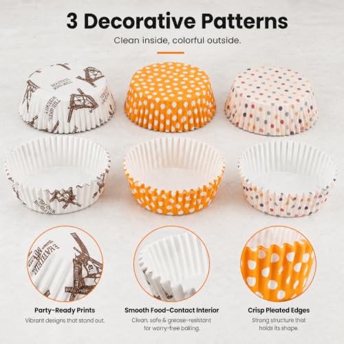 YOUEON 600 Pcs 3.5 In Jumbo Cupcake Liners Greaseproof, 6 Oz Large Paper Baking Cups Non-Stick, Jumbo Muffin Liners for Muffins, Cupcakes, Brownie, Quiche, Mini Snacks, Recyclable, 3 Pattern