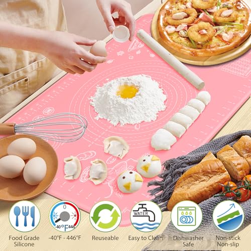 Silicone Pastry Mat 28" x 20" Extra Thick Non Stick Baking Mat with Measurements and Edge Heightening, Food Grade Silicone Rolling Mat for Pastry, Bread, Cookies, Pizza, Fondant, Pasta - Pink - color: Pink, size: 28"L x 20"W