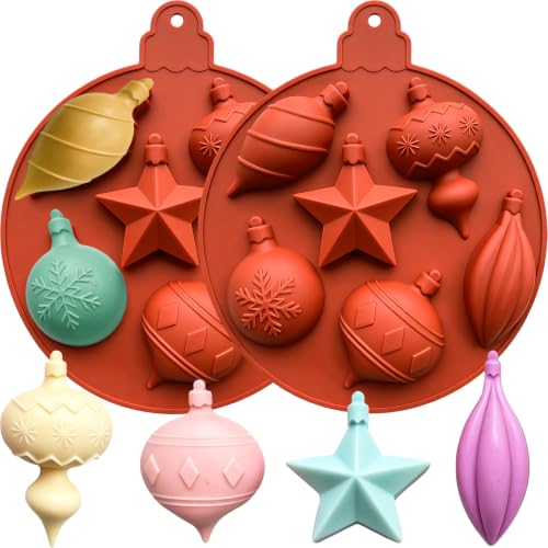 2‑Pack Christmas Bell Silicone Molds, 6 Cavities Christmas Snowflake Star Bell Soap Molds for Chocolate Cake Jello Christmas Tree Hanging Decor Plaster Cookie Xmas Holiday DIY Craft - color: Brick Red