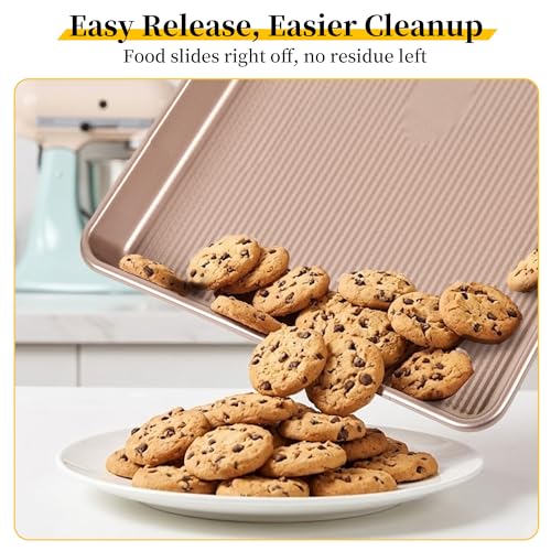 3-Piece Nonstick Baking Sheet Set, Cookie Sheet Pans in 3 Sizes, 0.8mm Thick Heavy Duty Carbon Steel Baking Trays, Easy to Clean for Cookies, Roasting & Baking, Champagne Gold - color: Gold