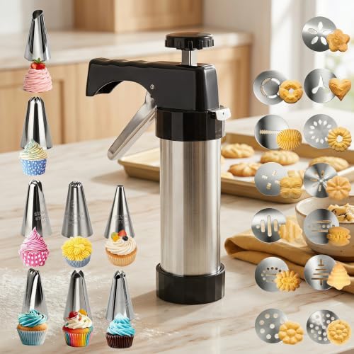 22-Piece Stainless Steel Cookie Press Set, 13 Discs & 8 Piping Tips - color: Black