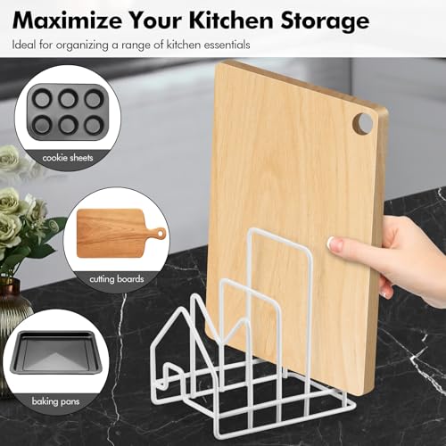 Poeland Kitchen Pot Lid Organizer, Pan Rack with 4 Compartments, Pantry Organizer Rack for Dinnerware, Bakeware, Cookware, Cutting Boards, Pan Lids (Small Size, White) (Pack of 2) - size: 6.1" x 4.2" x 6.1" (Pack of 2)