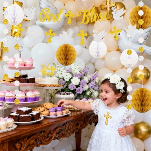 God Bless Banner Cross and Dove Glitter Dots Garland with Cake Topper Honeycomb Balls Set for God Bless Christening Baptism Party Decorations Boys Girls Holy First Communion Décor