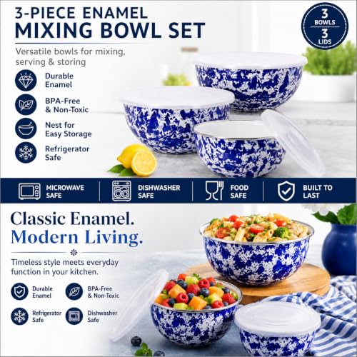 Golden Rabbit Enamelware Nested Mixing Bowls with Lids, Set of 3, Cobalt Swirl - color: Cobalt Swirl