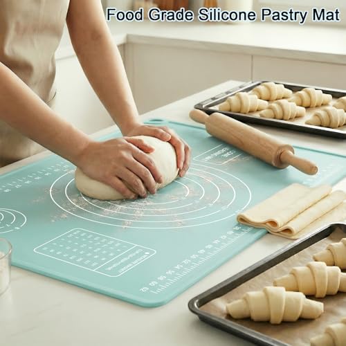 Silicone Pastry Mat 28" x 20" Extra Thick Silicone Baking Mat with Measurements and Edge Heightening Non-stick Food Grade Dough Rolling Mat Kneading Sheet for Pastry, Bread, Cookies (Mint Green) - color: Mint Green