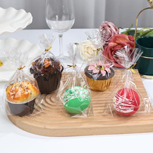 200 PCS 5x6.5 Cellophane Muffin Bags with Gold Twist Ties & Flat Bottom – Food-Safe Bakery Packaging for Cupcakes, Brownies, Cookies Macarons – Commercial-Grade for Party Favors, Catering Displays - color: Clear 5x6.5 Inch-200