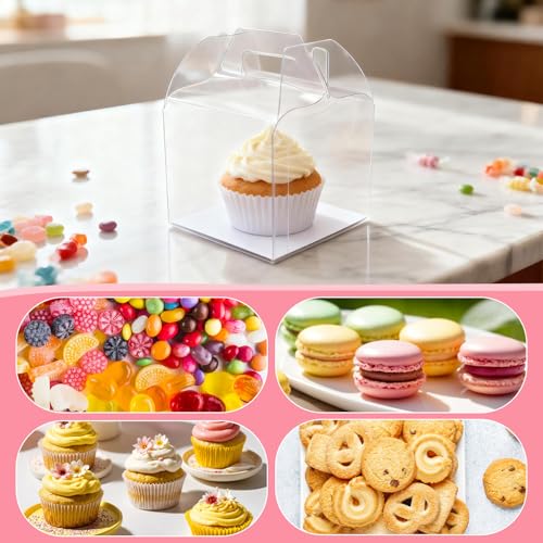 24 Pack Clear Boxes for Treats,4inch Macaron Containers with Handle, Clear Candy Carrier (24,only box) - color: Clear(only box)