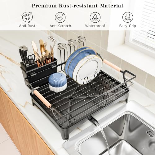 Dish Drying Rack,Space Saving Dish Drainer for Kitchen Counter & Sink,Black - color: Black