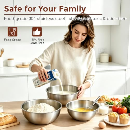 Gronivex Stainless Steel Mixing Bowls Set, 3-Piece (1.5, 2.2 & 3.4 Qt) - size: 3 Pcs, 1.5, 2.2 & 3.4 qt