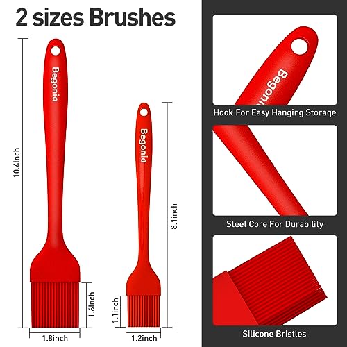 Begonia Silicone Basting Pastry Brush,2pcs 10+8 inch BBQ Sauce Brush,Red - color: Red