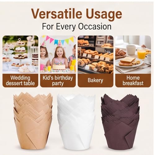 3-Color Tulip Cupcake Liners,200 Count,4 oz Baking Cups for Wedding Cakes