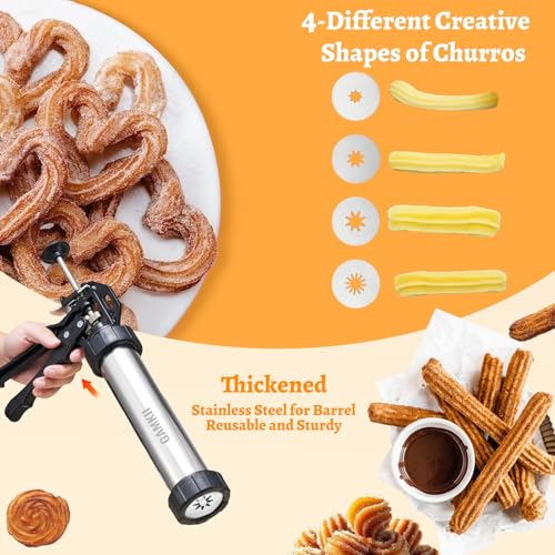 Churro Maker Stailness Steel, Cookies Press with 4 Discs for Hollow Churro,5 Cookies Discs, 6 Icing Piping Nozzle, Piping Bag, 2 Clean Brushes, Churros Gun Kit Machine for Churro