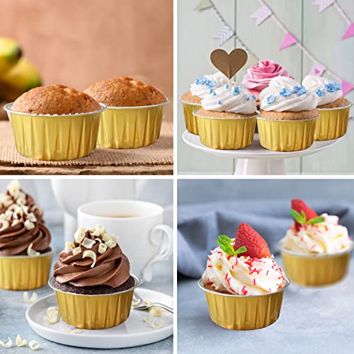 100Pcs Aluminum Cups with Lids,5oz Disposable Ramekin Baking Cups Muffin Liners Mini Pie Pans Foil Cupcake Containers for Christmas Party Wedding Party,Gold - color: Gold
