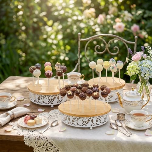 3-Tier Wooden Cake Pop Stand Set, White Metal Decorative Border, 11.8/8.7/7.1 Inch Round Display Stands with 35 Holes, 50 Sticks Included for Party Wedding