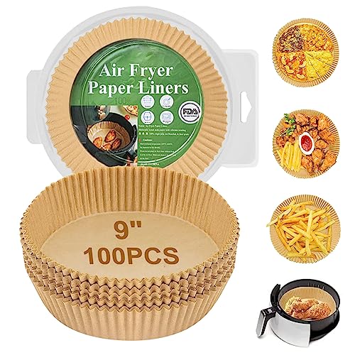 Air Fryer Liners Disposable Paper,100Pcs Parchment Paper Liners,Non Stick Airfryer Paper Liners,Food Grade Air Fryer Accessories WaterProof OilProof for Microwave Oven Steamer 9inch Square - size: 9" Round
