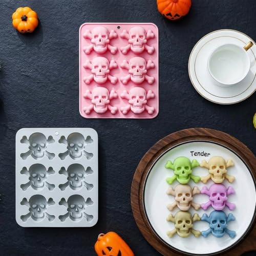 2Pcs 3D Skull Silicone Mold, Halloween Skull Chocolate Mold, Skull Candy Mold for Baking, Ice Cube, Resin, Candy, Soap, Cake Decoration(Pink/Gray)