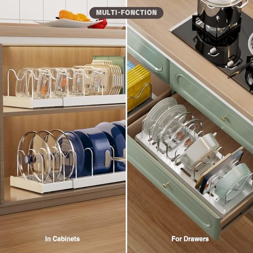 Magheo 2 Pack Expandable Food Storage Container Lid Organizers, 22" Pots and Pans Organizer Under Cabinet with 9 Adjustable Dividers Pot and Pan Lid Holders Rack Inside Cabinet(White) - color: White, size: (2 Pack)22.4"D x 7.9"W x 6.3"H