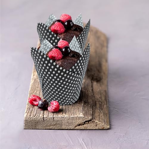 200 Pcs Grid Tulip Cupcake Liners Black Greaseproof Baking Cups - color: Grid