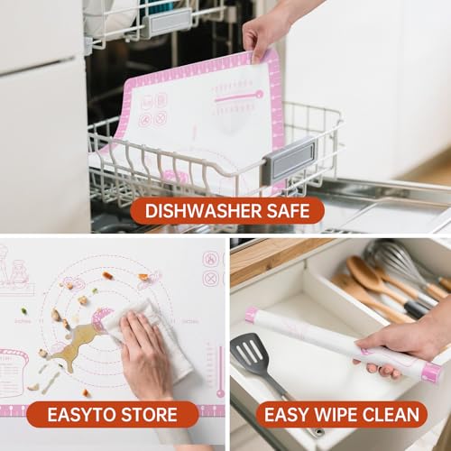 Silicone Baking Mat with 10 Recipes, Non Stick Silicone Mat for Pastry, Cookie, Macaron, Pizza,Bread, Surdough,Fondant, Extra Large and Dishwasher Safe - color: Pink, size: 26"L x 16"W