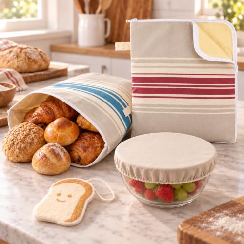4-Pcs XL Beeswax Bread Bag Set: 2 Bags, Bowl Cover & Cleaning Sponge - color: Striped