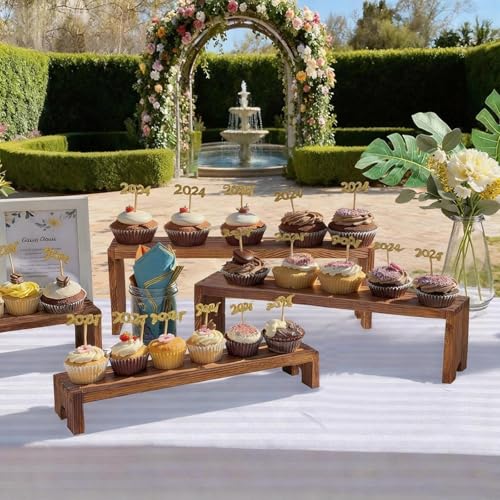 Large 2 Set Stackable Wooden Cupcake Stand Tiered Riser Display Stands for Vendor Events Vendor Booth Display Items Farmhouse Decor Wood Dessert Table Display Set (Dark Brown, 2Pack)