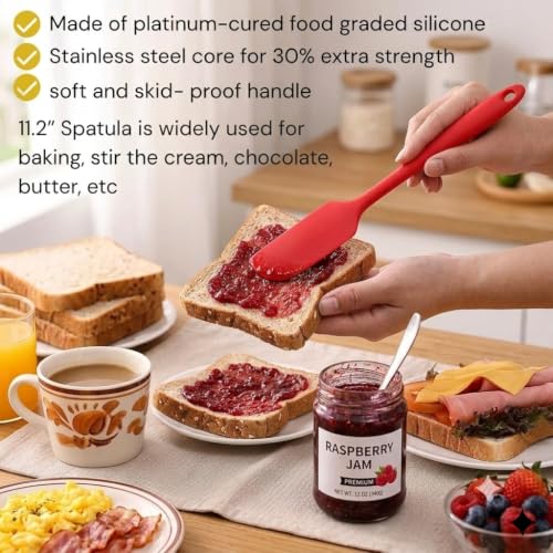 2-pack Jar Spatula Long Handle Silicone Kitchen Scraper Spatula Non-Stick Rubber Scraper for Jars, Cooking Baking Stirring Mixing (Red)