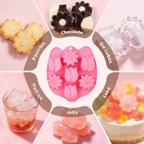 2 Pack Flower Silicone Mold – Tulip & Sunflower Shapes, Food Grade Non-Stick Chocolate Molds for Gummy, Candy, Jelly, Ice Cubes & Baking – BPA-Free, Oven/Freezer/Dishwasher Safe - color: Pink